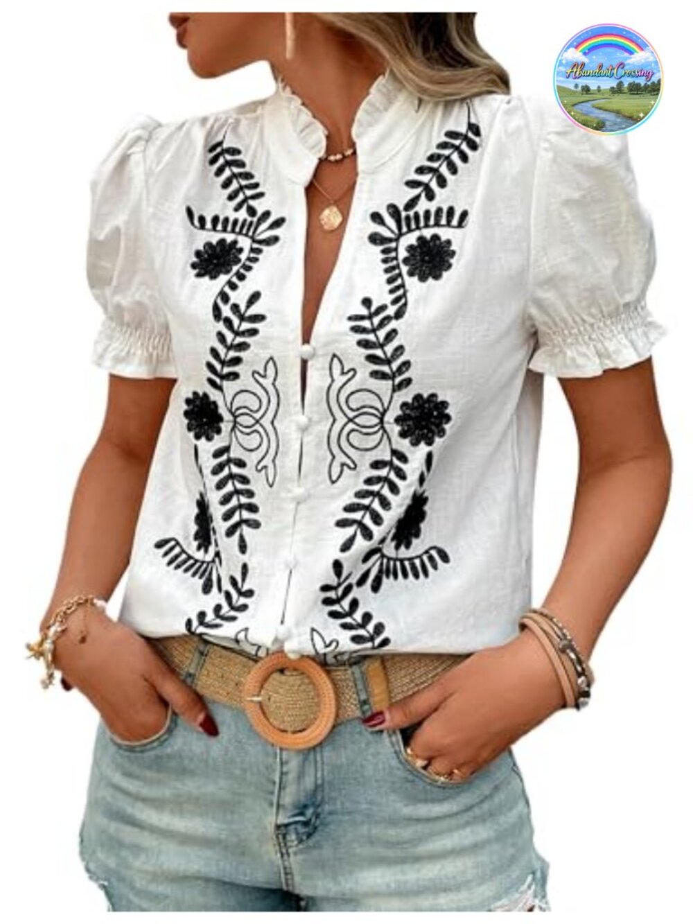 Women's Embroidered V Neck Puff Short Sleeve Button Down Blouse
